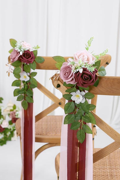10 Wedding Aisle Decorations for Ceremony - Burgundy Chair Flowers for Aisle Decor - Church Pew Decorations