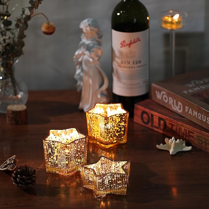 Letine 10pcs Gold Ribbed Candle Cups – Assorted Height Tea Light & Votive Candle Holders for Diwali, Wedding, Table Centerpiece, Fall & Holiday Decor – Lucky Star Jar (Tall 2.44", Short 1.57")