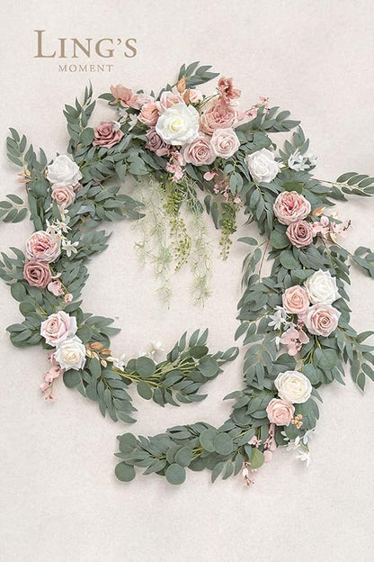 Ling's Moment 9FT Spring Flower Garland for Backdrop Decorations - Wedding Arch Flowers, Eucalyptus & Rose, Artificial Floral Garland for Mantle - Sweetheart Table Decor for Reception, Dusty Rose