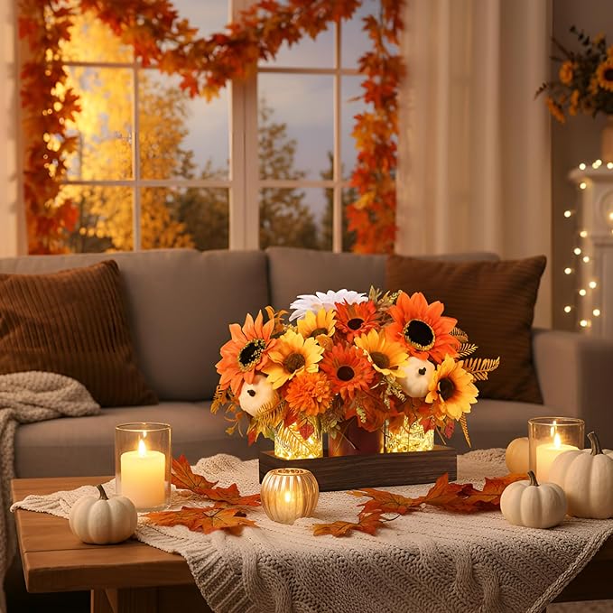 3 Pcs Fall Thanksgiving Tables Centerpieces Mason Jar Table Decor Set, Farmhouse Autumn Pumpkin Maple Leaf Branches Potted Plant with Wood Tray & LED Light, Harvest Dining Table Centerpieces