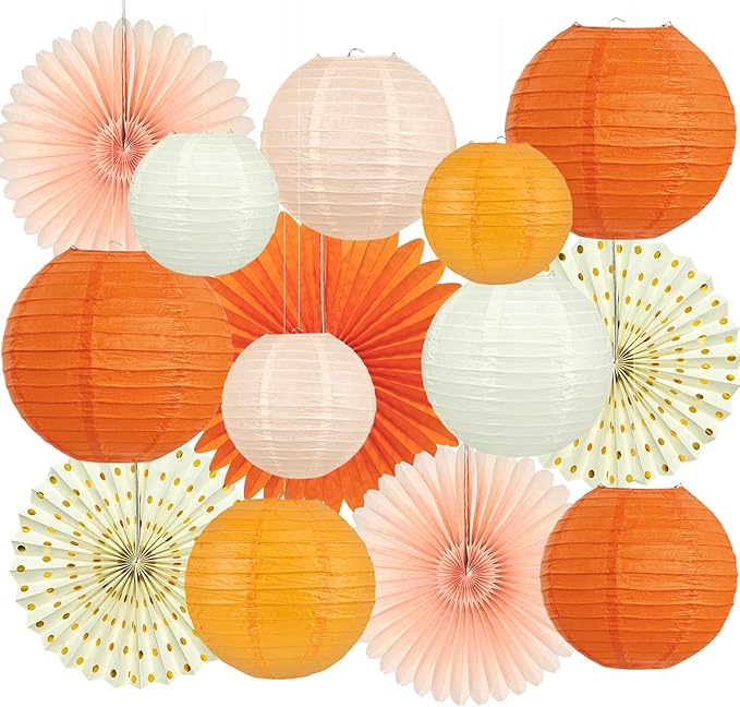15Pcs Autumn Pink and Orange Party Decorations, Hanging Orange Paper Lanterns Honeycomb Paper Fans Triangle Flag Banner for Girls Women Baby Shower One Sweet Peach Birthday Thanksgiving Party Decor