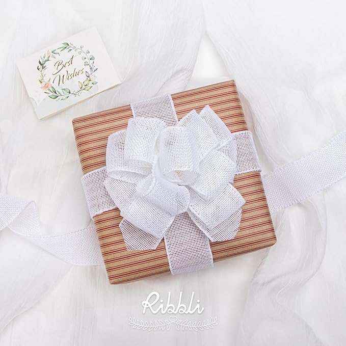 Ribbli White Burlap Wired Ribbon,1-1/2 Inch x 10 Yard,Cross Royal Burlap Wired Edge Ribbon for Big Bow,Wreath,Tree Decoration,Outdoor Decoration