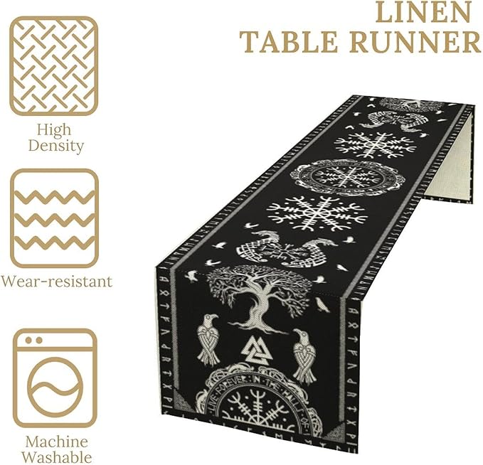 Ancient Abstract Pattern Table Runner, Tree of Life Eagle Dragon Boat Rudder Black and White Table Runner 13x36 Inch
