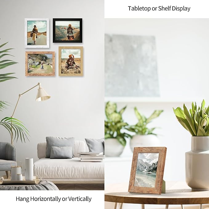 4x6 Picture Frame Set of 4, High Definition Real Glass 4 x 6 Photo Frames for Tabletop Display and Wall Mounting (Distressed White+Oak+Rustic Brown+Black)