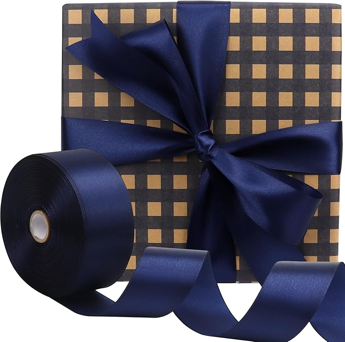 Deep Blue Solid Satin Ribbon 1-1/2 Inch 50 Yards Solid Polyester Fabric Ribbon for Gift Wrapping Wedding Christmas Baby Shower Birthday Party Decoration Handmade Immortal Flower Craft