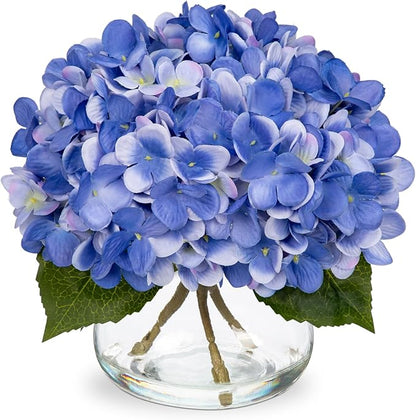Hollyone Hydrangea Artificial Flowers with Vase Slate Blue Silk Fake Flowers Arrangements Floral Bulk Bouquet in Glass Vase with Faux Water for Home Bathroom Office Table Centerpiece Shelf Decorations