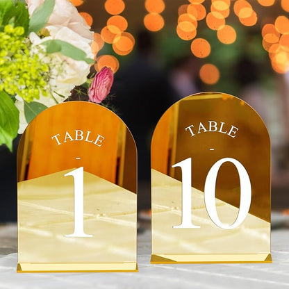 JOYIT Arch Wedding Table Numbers 1-10 with Stands – 5" X 7" Acrylic Mirrored Gold Table Number Holders, Perfect for Wedding Receptions, Parties, Anniversaries, and Events