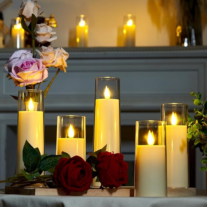 Amagic Flameless Candles Battery Operated, LED Candles with Remote and Timer, Acrylic Plexiglass Flickering Fake Candle for Wedding, Home Decor, Ivory White, Set of 5, D2.2 x H5 5" 6" 7" 8"