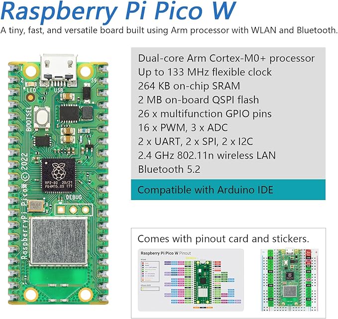 Freenove Basic Starter Kit for Raspberry Pi Pico W (Included), Dual-core Arm Cortex-M0+ Microcontroller, 386-Page Detailed Tutorial, 142 Items, 55 Projects, Python C Code