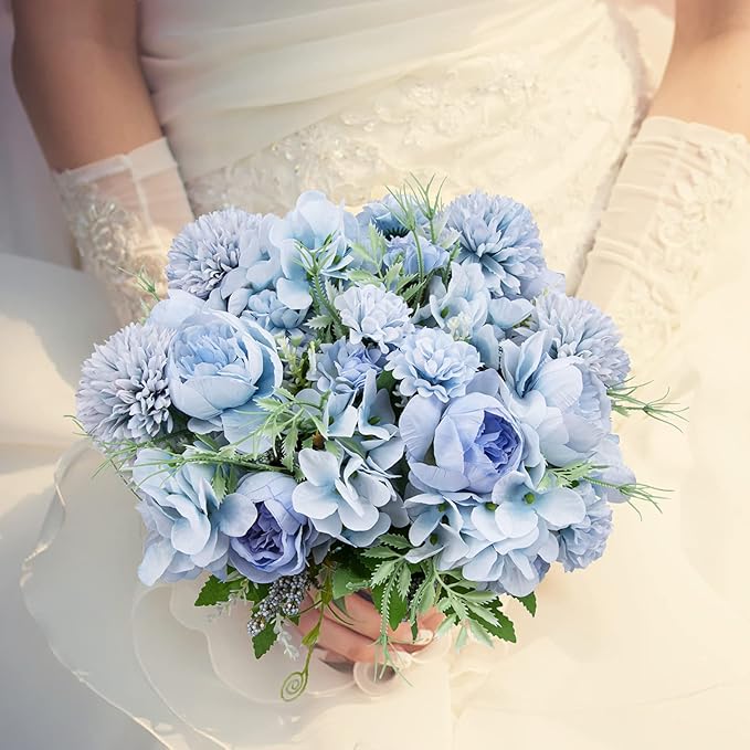 Artificial Flowers, 4 Packs Blue Fake Peony Silk Hydrangea Bouquet Decor Plastic Carnations Daisy Realistic Flower Home Office Party Decor Arrangements Wedding Decoration Table Centerpieces