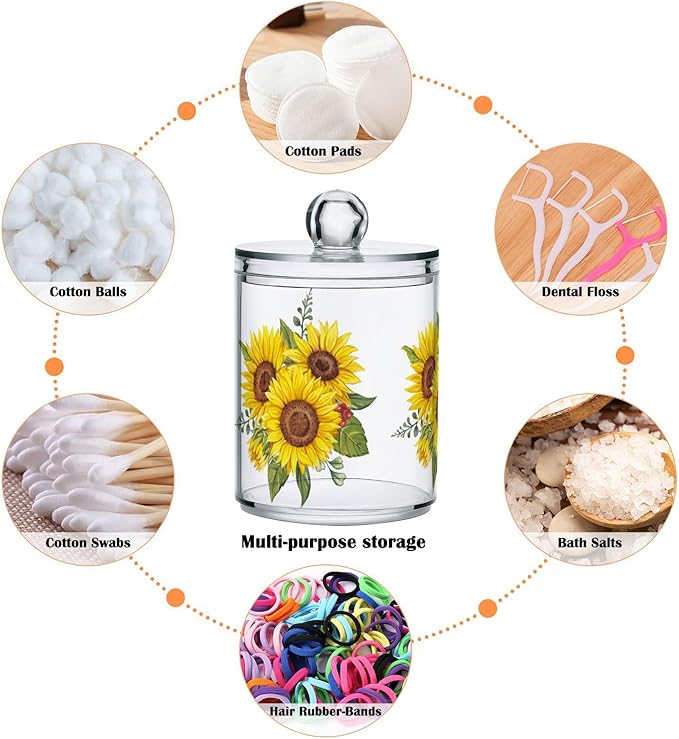 Gredecor Qtip Holder Dispenser 2 Pack Yellow Watercolor Sunflowers Bathroom Decorative Storage Canister Holder Counter Vanity Organizer for Cotton Ball Swabs Pads Floss