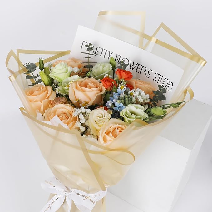 NESCCI 20 Sheet Flower Wrapping Paper - Waterproof Floral Bouquet Wrapping Paper, Florist Supplies Packaging Paper for Wedding Birthday Gift DIY (Translucent Gold)