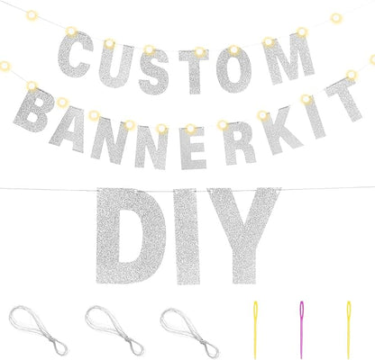 TaoBary 112 Pcs DIY Letter Kit Glitter Customizable Banner Letters Include 107 Letters and Numbers 3 Rope and 2 Needles for Birthday Halloween Christmas Wedding Valentine Party Decor(Silver)