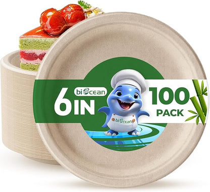 6 Inch Compostable Plates 100 Pack Heavy Duty Compostable Paper Plate, Disposable Eco-Friendly Sugarcane Bagasse Plate, Natural Brown Plates for Dinner, Dessert, and Weddings