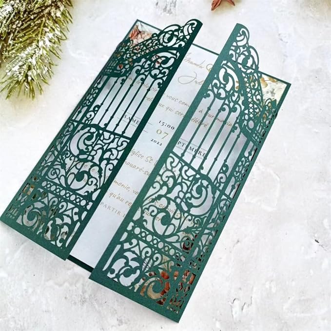 MillaSaw Dark Green Laser Cut Gate Invitation Sleeve DIY Wedding Invitation 25 Sets (dark green, 4.9"x7.1")