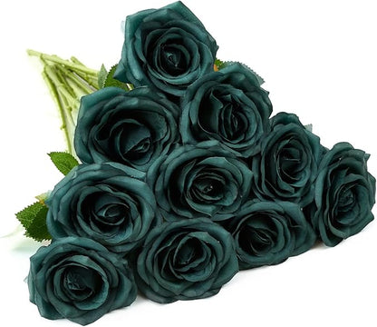 Artificial Rose 10pcs Open Flower Bouquet Faux Rose Stems for Wedding Arrangement, Bridal Bouquet, Centerpiece, Fake Faux Silk Flowers (Emerald Green)