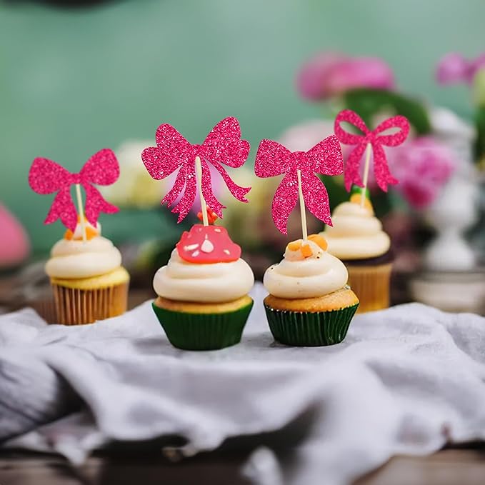 Gyufise 36Pcs Bow Cupcake Toppers Glitter Bowknot Cupcake Picks Bow Tie Birthday Decorations Princess Bow Cupcake Decorations for Bowknot Theme Baby Shower Birthday Party Supplies Rose Red