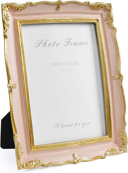Cuspin Vintage Pink 5x7 Picture Frame, Pink and Gold 5 by 7 Antique Photo Frames, Ornate Textured Hand-Crafted Resin Frame with Glass Front for Tabletop Display, Retro Design Home Decor