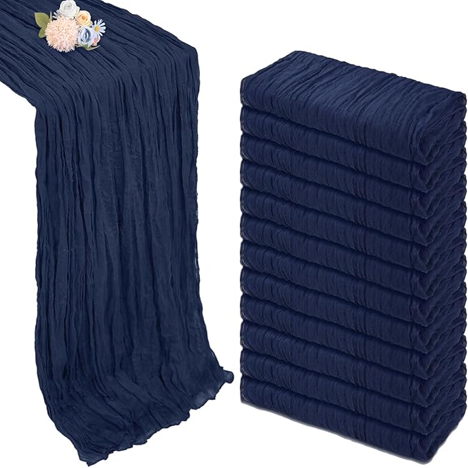 12 Pack Navy Blue Cheesecloth Table Runner 10ft Boho Gauze Fabric Cheese Cloth Table Runner 35 x 120 Inch Rustic Sheer Runner for Romantic Wedding Decor Baby Shower Party Table Centerpiece Decoration