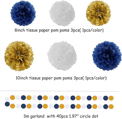 Navy Blue White Gold Party Decoration 23pcs Kits-Paper Flowers,Banner Flags,Circle Banner,Tassel Garland Birthday Bachelorette Boy Baby Shower Gender Reveal Graduation Decorations Lasting Surprise