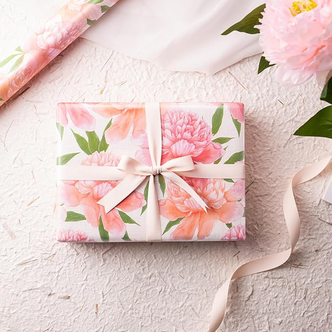 WRAPAHOLIC Floral Wrapping Paper Roll - Mini Roll - 17 Inch x 9.8 Feet - Peach Flower Wrapping Paper, Perfect for Girls Women Birthday, Wedding, Bridal Shower