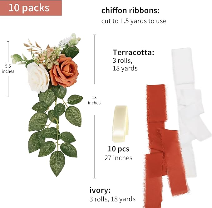 Wedding Aisle Decorations for Wedding Ceremony Set of 10 Pew Flowers for Church Chair Decorations Party Decor with Artificial Flowers Eucalyptus and Ribbons Terracotta