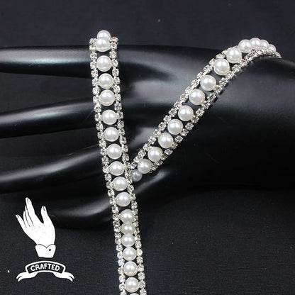 PEARLY JUN 1 Yard Pearl Rhinestone Trim Chain Silver Crystal Fringe Diamond Applique Ribbon String Tassel Strip (Silver-150, 1 Yard)
