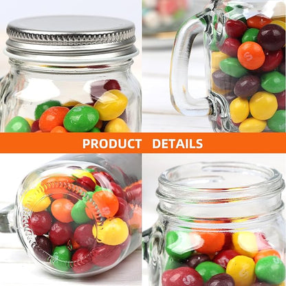 4 oz Small Mason Jar Mugs with Handle, 24 Pack Mini Glass Jars with Airtight Metal Lids, Empty Glass Mugs with Kraft Paper Gift Tag for Party Wedding Favor