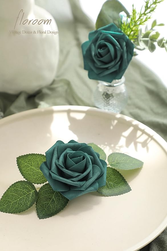 Floroom Artificial Flowers 25pcs Real Looking Peacock Green Foam Fake Roses with Stems for DIY Wedding Bouquets Bridal Shower Centerpieces Floral Arrangements Party Tables Home Decorations