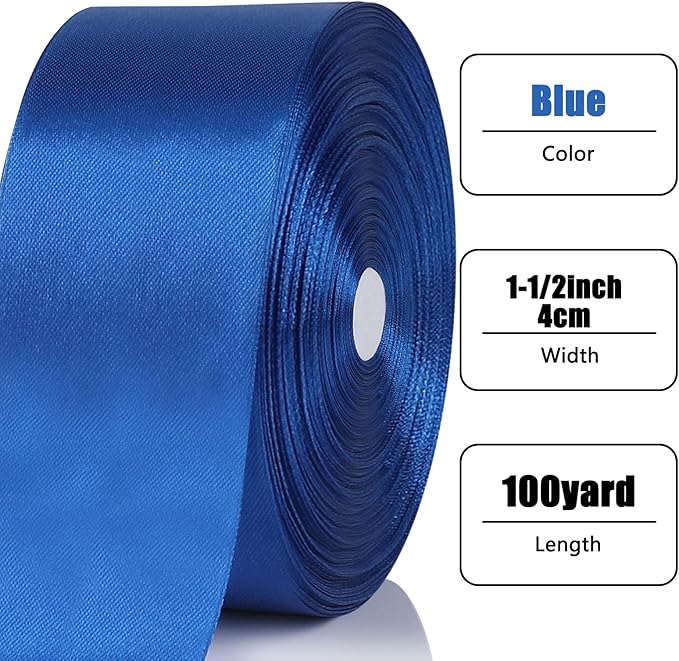 NESCCI 100 Yards Ribbon,1-1/2 Inch Royal Blue Satin Ribbon,Single Face Satin Ribbons,Perfect for Gift Wrapping,Wedding Decoration,Handmade Bows,Wrapping Bouquet,Halloween, Christmas