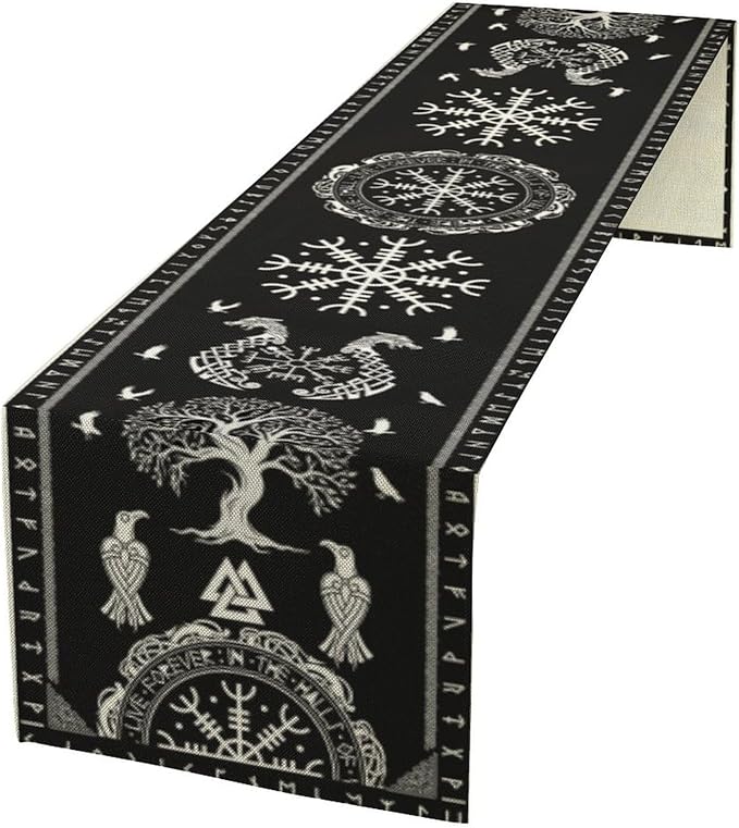 Ancient Abstract Pattern Table Runner, Tree of Life Eagle Dragon Boat Rudder Black and White Table Runner 13x36 Inch