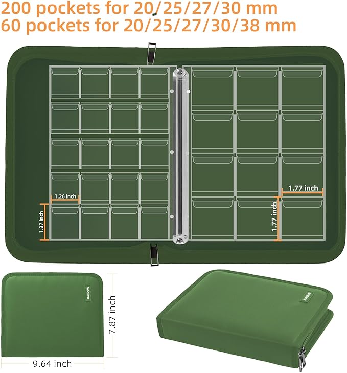 Coin Collection Book for Collector,260 Pockets Fireproof Coin Collection Holder Album,Coin Collection Organizer Storage Box Case Album for 20/25/ 27/30/ 38mm Coins,Green