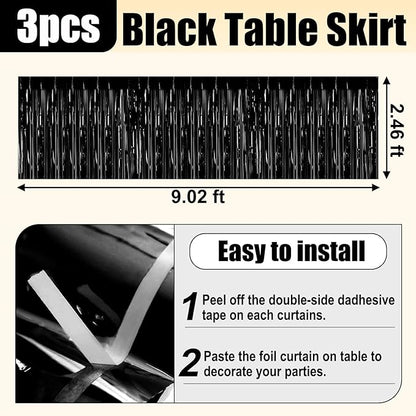 3 Pack 29x108 Inch Black Foil Fringe Table Skirts Metallic Banner for Tinsel Streamer Garland Backdrop for Parade Floats Wedding Thanksgiving Birthday Christmas Halloween Party Decoration