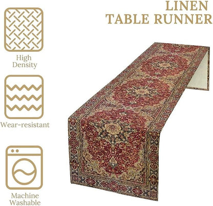 Vintage Boho Floral Table Runner, Rustic Country Farmhouse Red Gold Bohemia Flower Pattern for Home Kitchen Table Decor Dining Coffee Room Party Decor 13x60in