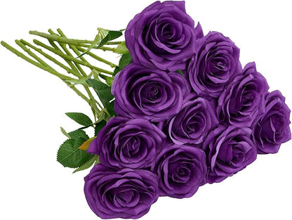 Artificial Rose 10pcs Open Flower Bouquet Faux Rose Stems for Wedding Arrangement, Bridal Bouquet, Centerpiece, Fake Faux Silk Flowers (Purple)