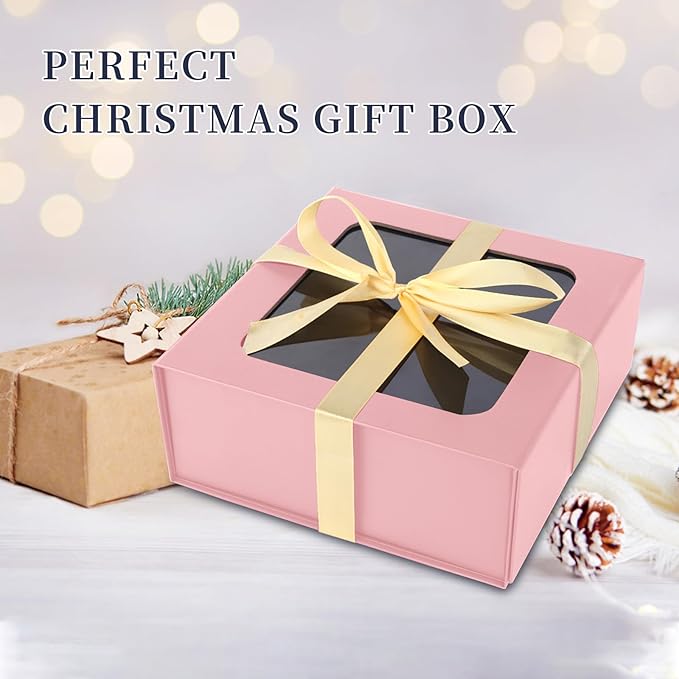Pink Gift Boxes with Window,7.5"x7.5"x3.1" Bridesmaid Boxe for Gift Giving,Birthday Gift Box with Magnetic,Closure Lid Gift Boxes for Presents,Cute Boxe,Luxury for Gift Packaging,Gift Box for Wrapping Gifts