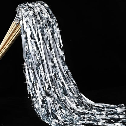 50 Pcs Wedding Fairy Wands with Bells Foil Tinsel Ribbon Stick Wands Tinsel Party Streamers with Bell Glittery Bridal Wedding Send Off Ideas Holiday Celebration (Silver)