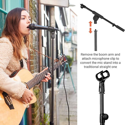 CAHAYA Mic Stand Tripod Boom Arm Floor Microphone Stand Height Adjustable with Carrying Bag and 2 Mic Clips 3/8" to 5/8" Adapter for Singing Performance Podcast