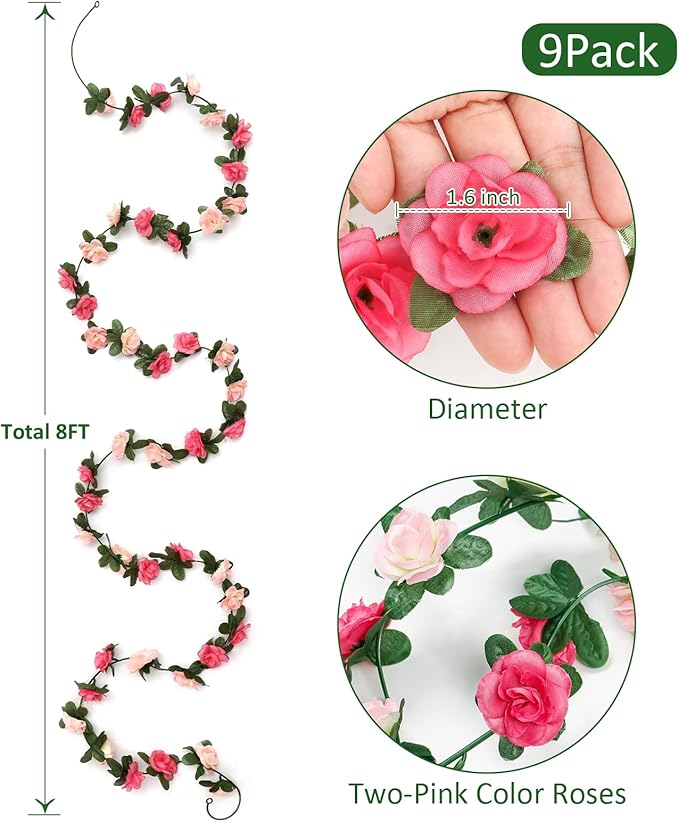 KHOYIME 9 Pack 72 FT Artificial Flower Garland, Fake Pink Roses Vines Silk Flowers Faux Plastic Outdoor Hanging Floral Ivy Garland Decorations for Wedding Arch Bedroom Home Wall Backdrop Room Decor