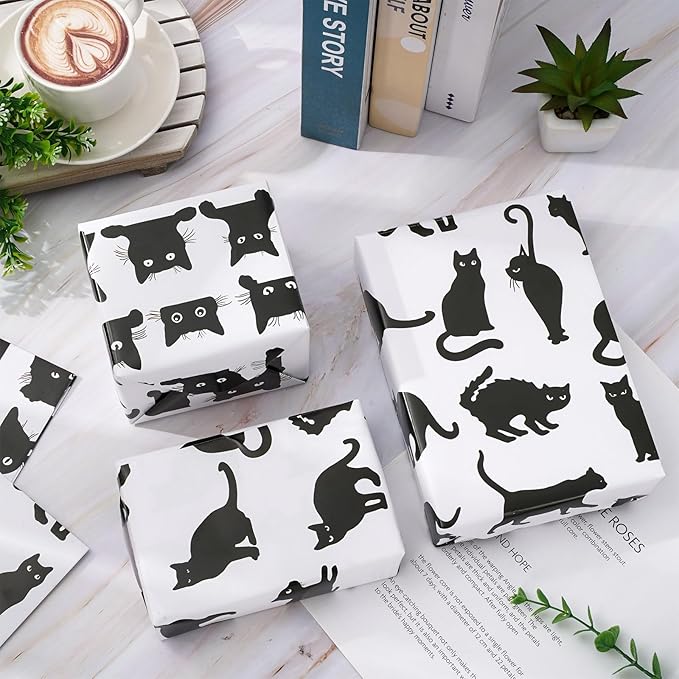 JarThenaAMCS 8 Sheets Cat Wrapping Paper - Not Roll - Cartoon Black Cat Gift Wrap Paper Folded Flat Decorative DIY Craft Art Paper for Halloween Birthday Holiday Party Supplies