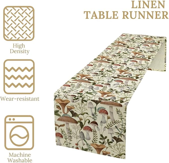 Mushroom Table Runner,Vintage Forest Flower Plant Print Table Runner for Kitchen Dining Table Home Party Decoration 13x120 Inch