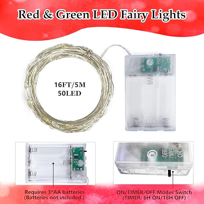 4-Pack 50 LED Fairy Lights Battery Operated with Timer, 16FT Waterproof Starry Christmas Lights Outdoor Indoor Mini Twinkle String Light for Bedroom Home Wedding Party Christmas Decor (Red and Green)