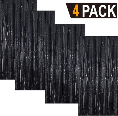 GOER 3.2 ft x 9.8 ft Metallic Tinsel Foil Fringe Curtains Party Photo Backdrop Party Streamers for Halloween,Birthday,Graduation,New Year Eve Decorations Wedding Decor (4 Packs,Black)