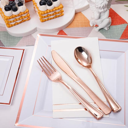 Festiva 350Pcs Rose Gold Plates and Napkins Party Supplies-Square White and Rose Gold Disposable Dinnerware include Plates Cups Cutlery Napkins for 50 Guests Wedding &Party&Mother's Day