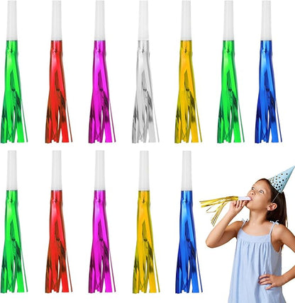 24 Pcs Party Horns, Party blowers Noise Makers, Graduation Noise Makers Glitter Metallic Fringed Birthday Blowers for Wedding Birthday Graduation Ceremony Festival (6 Colors)