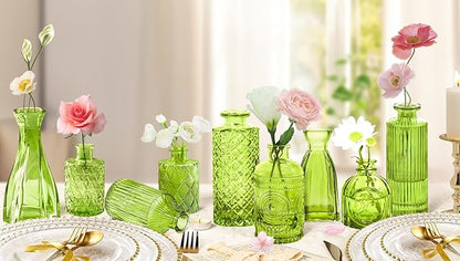 Green Glass Bud Vase Set,20Pcs Small Glass Vase for Flowers, Clear Bud Set in Bulk,Mini Single Vintage Style for Centerpiece for Rustic Wedding Decorations Home Table Flower Décor