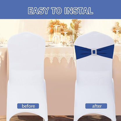 Joccun 30 PCS Spandex Chair Sashes Bows Stretch Chair Cover Band with Buckle Slider Universal Elastic Chair Ties for Wedding Banquet Party Event Decoration (Navy)