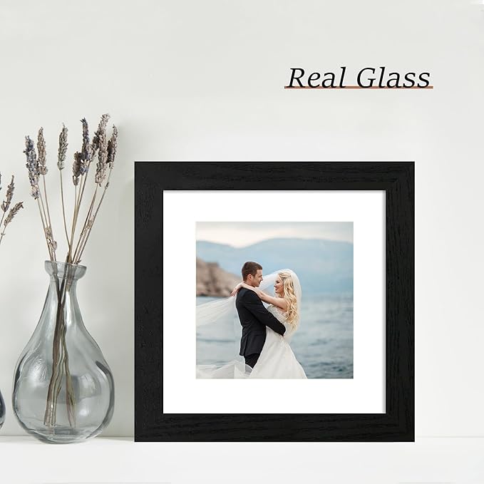 8x8 Picture Frames Set of 4 with High Definition Real Glass, Black Frames Display 6x6 Picture with Mat or 8x8 Without Mat, Wood Square 8 x 8 Photo Frame for Wall Mount and Tabletop Display