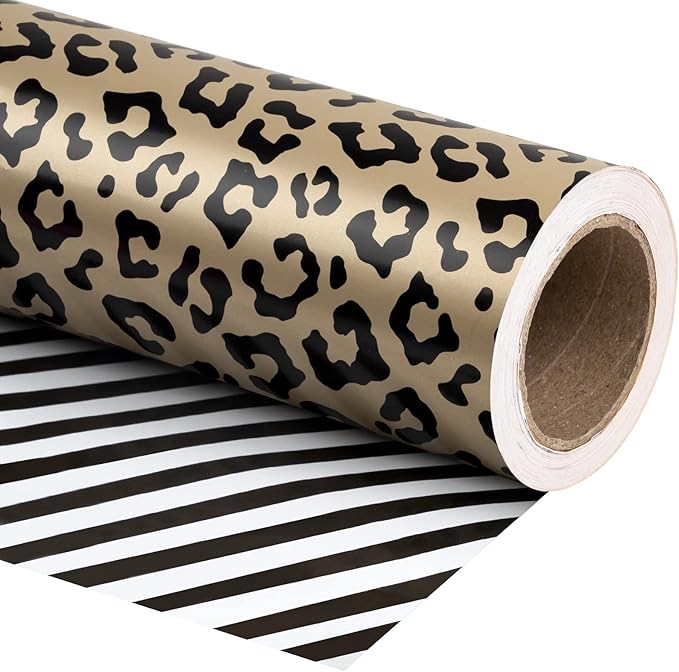 WRAPAHOLIC Reversible Leopard Wrapping Paper - Mini Roll - 17 Inch X 33 Feet - Leopard Print with Metallic Foil Shine and Stripe Design for Birthday, Holiday, Baby Shower