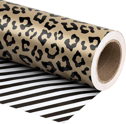 WRAPAHOLIC Reversible Leopard Wrapping Paper - Mini Roll - 17 Inch X 33 Feet - Leopard Print with Metallic Foil Shine and Stripe Design for Birthday, Holiday, Baby Shower